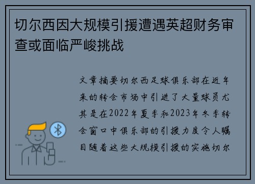 切尔西因大规模引援遭遇英超财务审查或面临严峻挑战 切尔西因大规模引援遭遇英超财务审查或面临严峻挑战